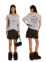 Women's Reversible Cross Graphic Off-Shoulder T-Shirt