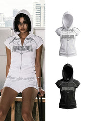 Badblood Women's Vintage Embroidered Zip-Up Cropped Hoodie Vest