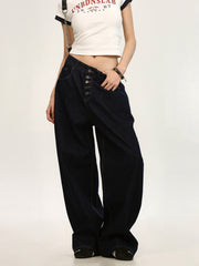 Women's Button Fly Washed Wide-Leg Straight Jeans