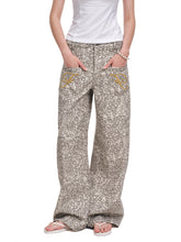 Women's Vintage Leopard Print Wide-Leg Denim Jeans with Patch Pockets