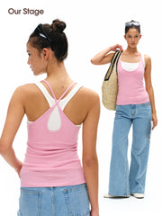 Women's Slub Knit Layered Deep U-Neck Cross Back Tank Top