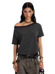 Women's Asymmetrical Off-Shoulder Striped T-Shirt