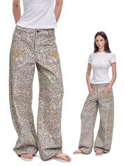 Women's Vintage Leopard Print Wide-Leg Denim Jeans with Patch Pockets