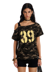 Women's Off-Shoulder Camo Drawstring Crop T-Shirt