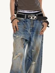 Unisex Distressed Washed Barrel Leg Wide-Leg Jeans