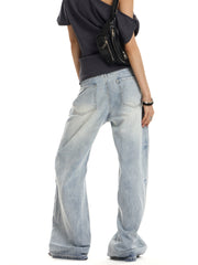Unisex Vintage Washed Light Blue Straight-Leg Jeans