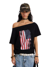Badblood Women's Vintage Flag Graphic One-Shoulder Slim Fit T-Shirt