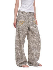 Women's Vintage Leopard Print Wide-Leg Denim Jeans with Patch Pockets