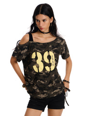 Women's Off-Shoulder Camo Drawstring Crop T-Shirt