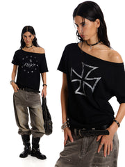 Women's Reversible Cross Graphic Off-Shoulder T-Shirt
