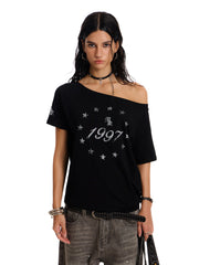 Women's Reversible Cross Graphic Off-Shoulder T-Shirt