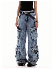 Unisex Multi-Pocket Cargo Denim Wide-Leg Jeans