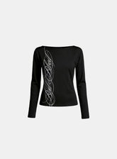 Badblood Women's Letter Print Boat Neck Slim Fit Long Sleeve T-Shirt