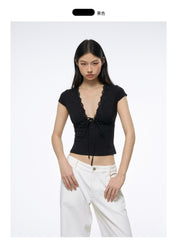 Women's Deep V-Neck Lace Trim Tie-Front Slim Fit T-Shirt