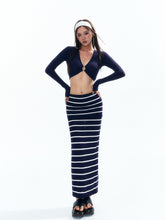 Women's Navy Striped Long Sleeve Swim Cover-Up Maxi Dress
