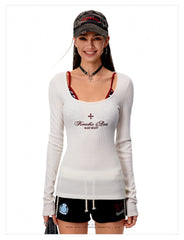 Women's Waffle Knit Deep U Neck Cross Graphic Long Sleeve T-Shirt