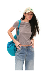 Women's Cotton Linen Striped Crew Neck Short Sleeve T-Shirt