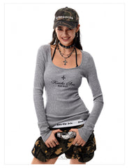 Women's Waffle Knit Deep U Neck Cross Graphic Long Sleeve T-Shirt