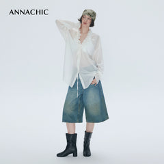 ANNASHIC Stylish Blogger's Style _ Lightweight and Micro Transparent Ruffle Drawn Collar Shirt _ Loose Sunscreen Shirt