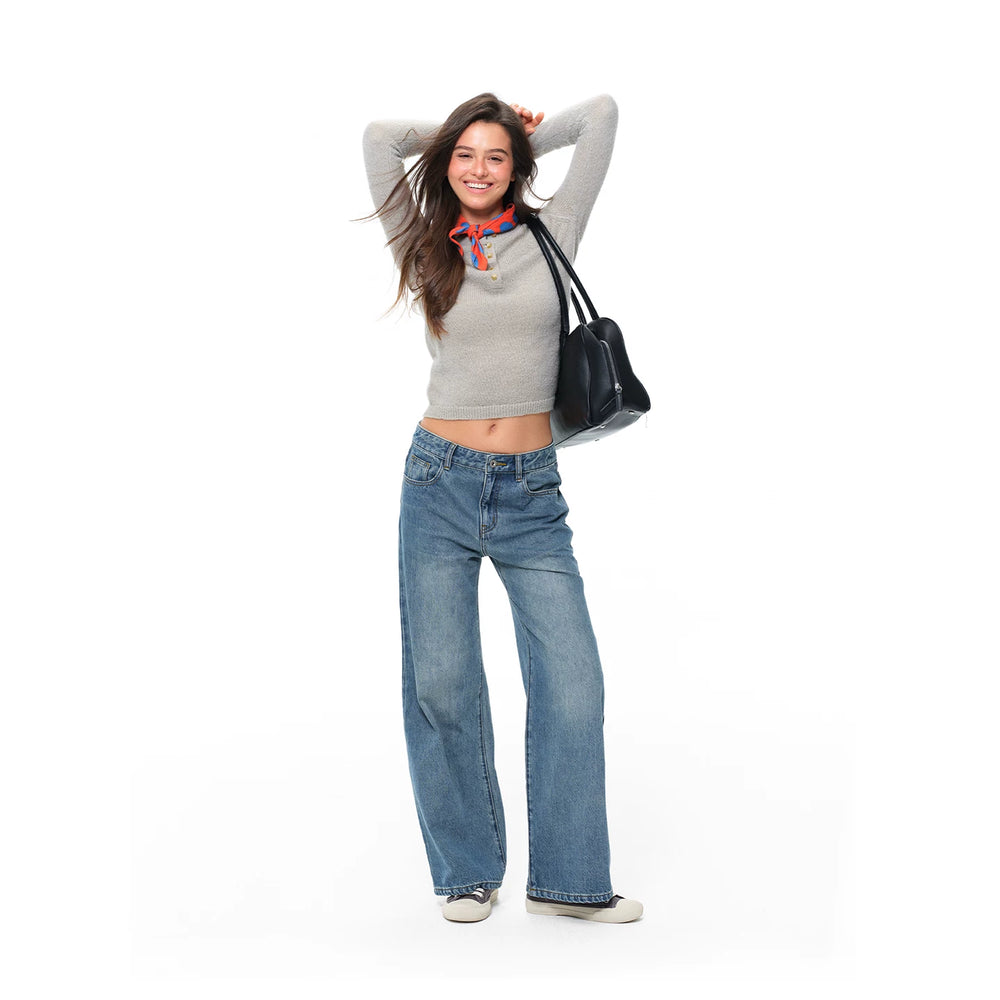 Our Stage 100% cotton mid low rise retro casual loose straight tube slimming versatile washed blue jeans