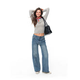 Our Stage 100% cotton mid low rise retro casual loose straight tube slimming versatile washed blue jeans