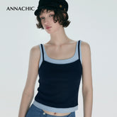 ANNASHIC Fashionable Stacked Wear | M1u Series Color Contrasting Fake Two piece Strap Tank Top for Women's Summer Hot Girl, Slim Fit Elastic Top