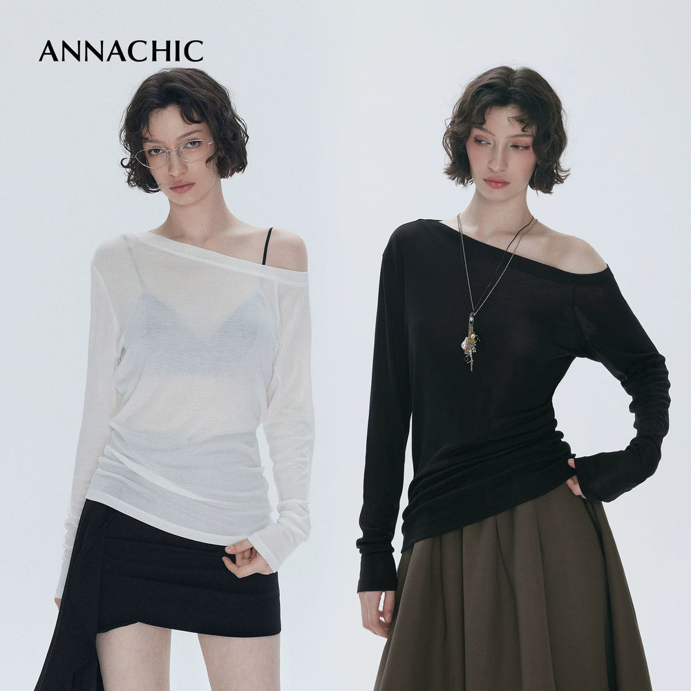 ANNASHIC full score slanted shoulder light transparent nude feeling Tencel long sleeved T-shirt women's thin sunscreen cover shirt off shoulder top