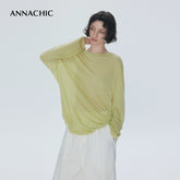 ANNACHIC“呼吸T”轻透裸感天丝长袖T恤女/宽松防晒罩衫空气T上衣