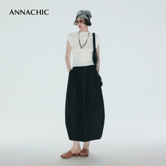 ANNACHIC Line Aesthetics _ White Irregular Little Flying Sleeve T-shirt for Women with Folded Waist Short Sleeve/Sleeveless Top