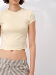 Our Stage High Elasticity Skin friendly Soft and Sticky Classic Small Round Neck Slimming, Meat Covering, Exposed Umbilical Shoulder Summer Short sleeved T-shirt