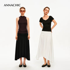 ANNACHIC Naples Holiday _ Irregular Scattered Folded Half Skirt for Women/Flesh Covering Half Skirt Medium length Skirt