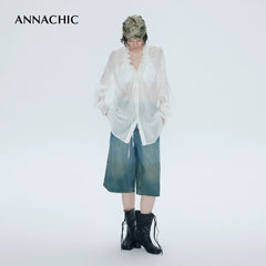 ANNASHIC Stylish Blogger's Style _ Lightweight and Micro Transparent Ruffle Drawn Collar Shirt _ Loose Sunscreen Shirt