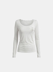 Badblood Women's Off-Shoulder Lace Trim Sheer Long Sleeve Top