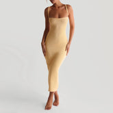 2026 Spring/Summer American style halter dress long, women's high-end, sexy square neck slim fit suspender dress with slit