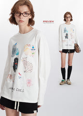 Women's Cat Graphic Long Sleeve Crew Neck T-Shirt