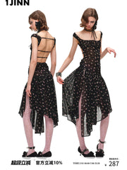 Women's Floral Backless Cami Maxi Dress with Asymmetrical Hem