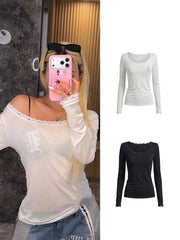 Badblood Women's Off-Shoulder Lace Trim Sheer Long Sleeve Top
