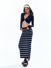 Women's Navy Striped Long Sleeve Swim Cover-Up Maxi Dress