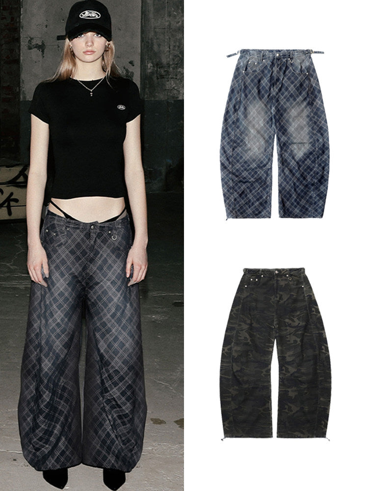 Badblood Women's Vintage Camo Plaid Barrel-Leg Jeans