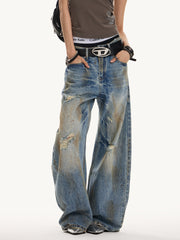 Unisex Distressed Washed Barrel Leg Wide-Leg Jeans
