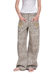 Women's Vintage Leopard Print Wide-Leg Denim Jeans with Patch Pockets