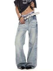 Unisex Vintage Washed Light Blue Straight-Leg Jeans
