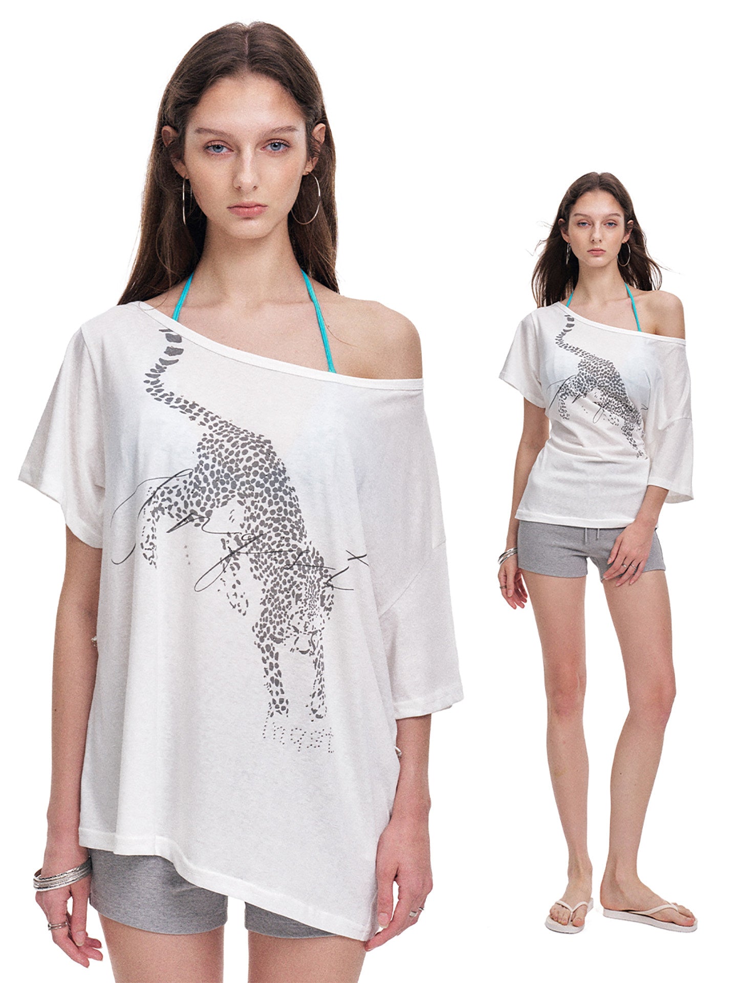 Badblood Women's Leopard Print One-Shoulder Slim Fit T-Shirt