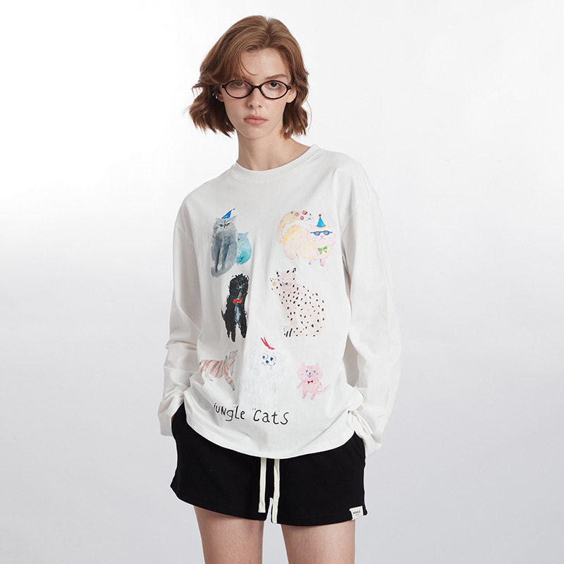 Women's Cat Graphic Long Sleeve Crew Neck T-Shirt