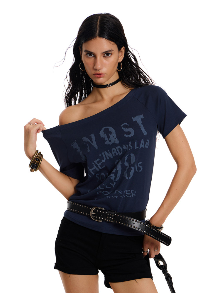 Women's Off-Shoulder Rock Style Graphic T-Shirt