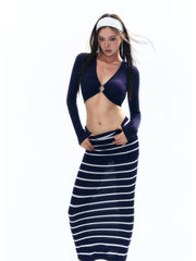 Women's Navy Striped Long Sleeve Swim Cover-Up Maxi Dress