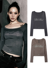 Badblood Women's Vintage Letter Graphic Slim Fit Long Sleeve T-Shirt