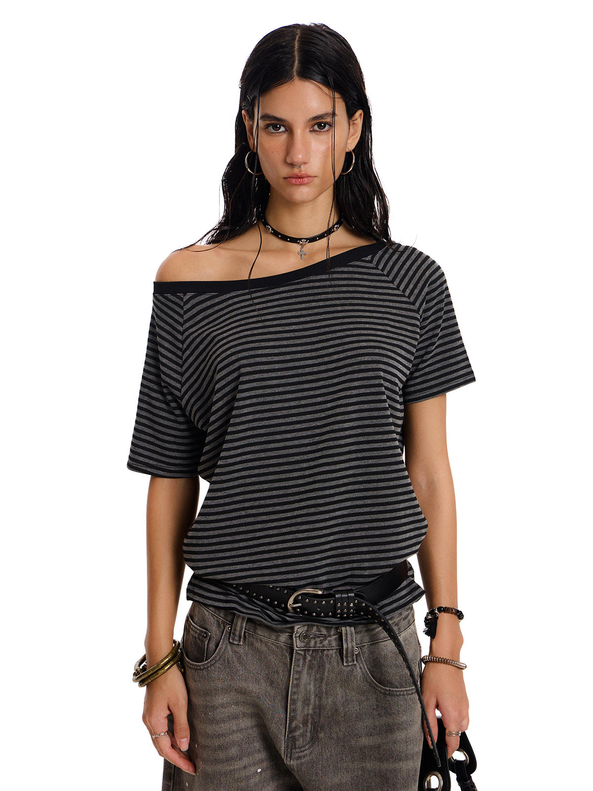 Women's Asymmetrical Off-Shoulder Striped T-Shirt