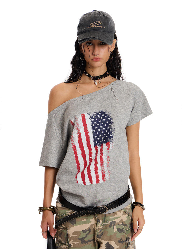 Badblood Women's Vintage Flag Graphic One-Shoulder Slim Fit T-Shirt