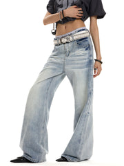 Unisex Vintage Washed Light Blue Straight-Leg Jeans